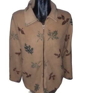 Vintage 90's Tradition Country Collection Leaf Print Zip-up Tan Fleece Sweater S